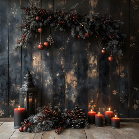 Fotohintergrund: Weihnachtsdeko vor Holzwand